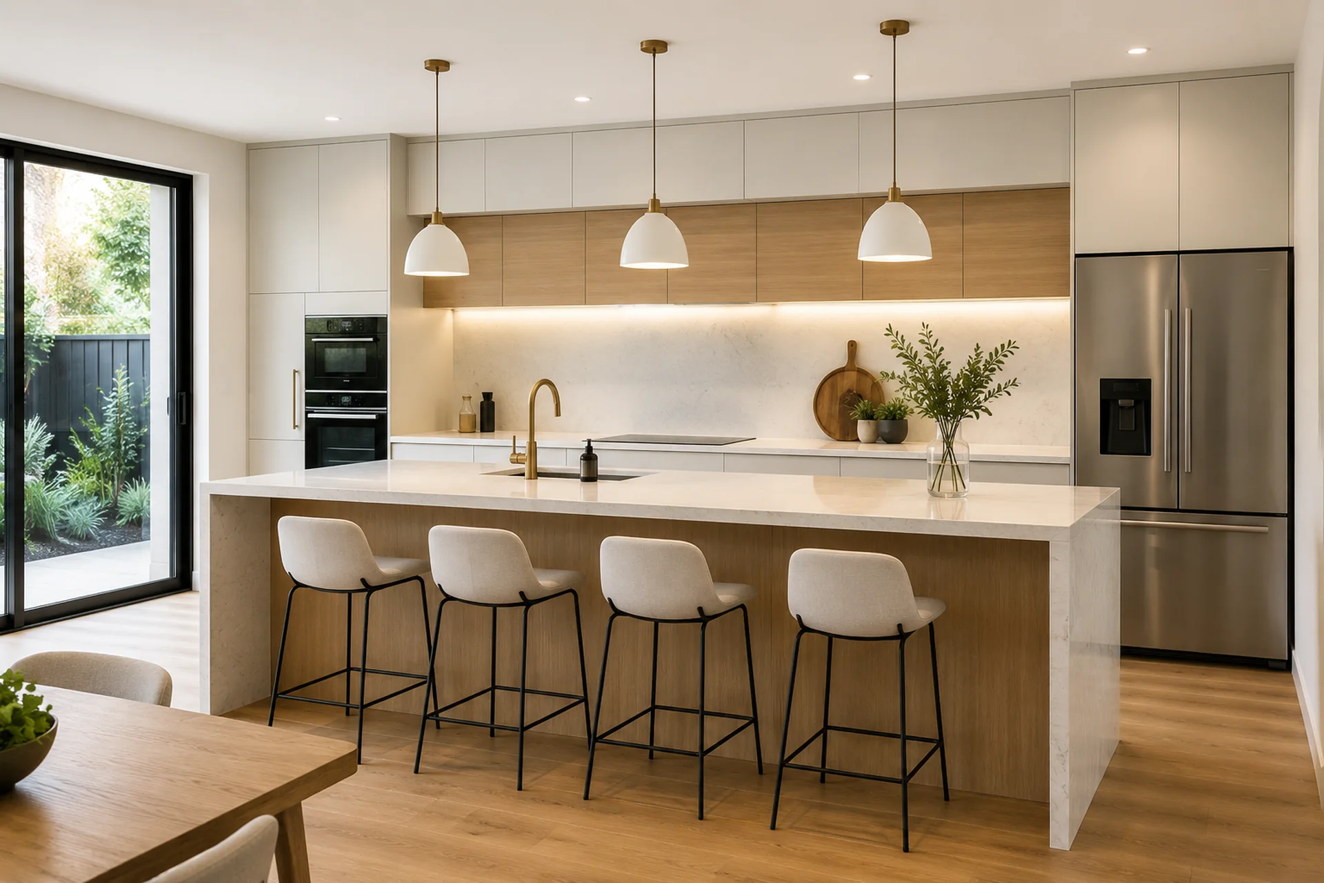 A bright modern kitchen with white and timber cabinetry, a large stone island with bar stools, pendant lights and integrated appliances.